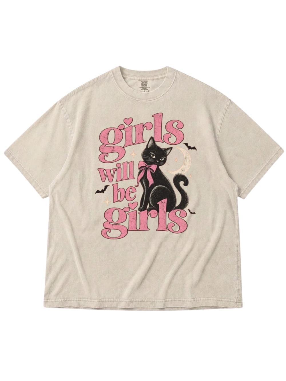 Comfort Colors Ivory Tee with Black Cat and Pink Graphic